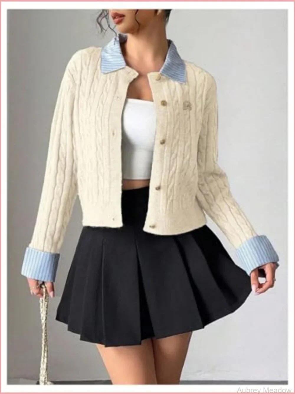 Cropped Collared Cable Knit Cardigan Button Down Long Sleeve Preppy Fall - Picture 5 of 5